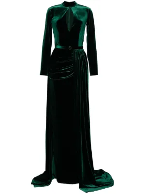 slim fit dress slacks 1969 Pierre Balmain Haute-Couture Green Velvet Beaded Jeweled Gown & T