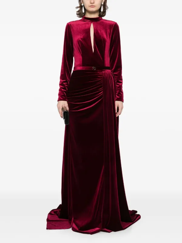 red velvet long dress for women Long Velvet Tight Prom Dress with Strappy Open Back Red / Large