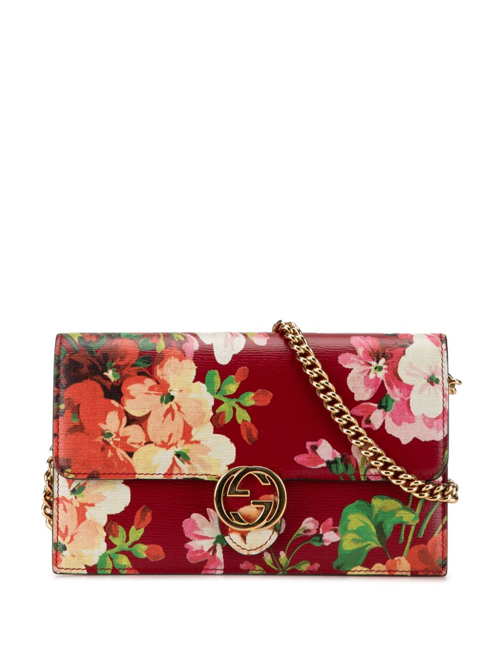 Pre-owned Gucci 2000-2015 Interlocking G Blooms Leather Wallet On Chain Crossbody Bag In Red