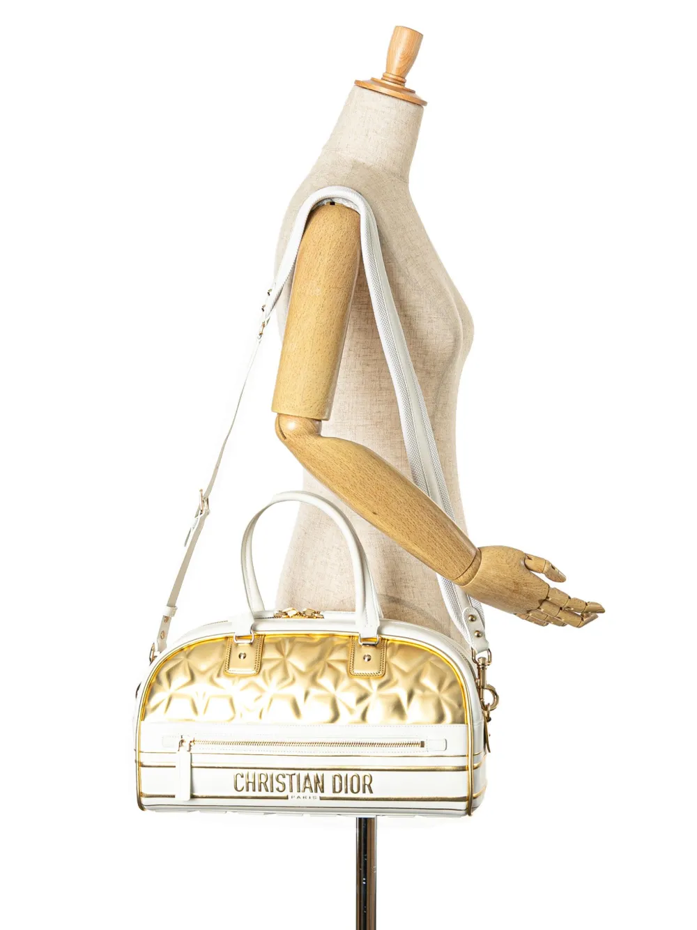 Pre-owned Dior 2021 Medium Padded Etoile Leather Vibe Zip Bowling Bag Satchel In Gold