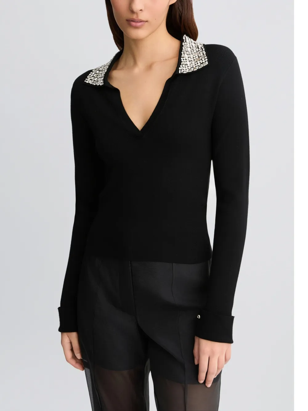 Liu •jo Black Polo Shirt With Bejewelled Embellishment In Black