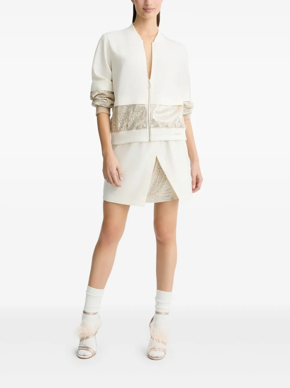 Liu •jo Liu Jo White And Gray Jacket With Sequined Sleeves In Nude