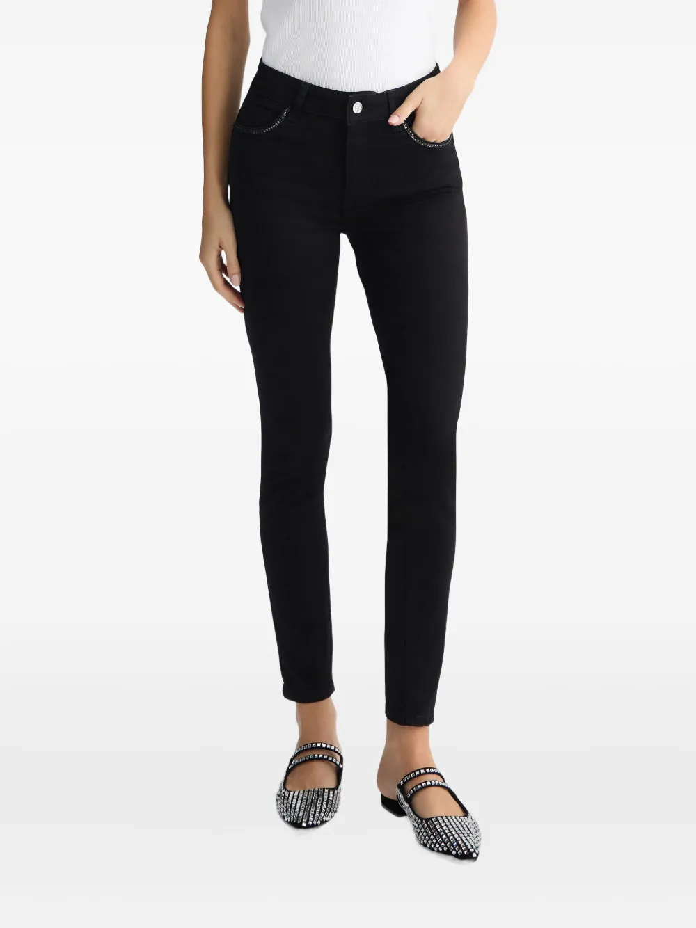 Liu •jo Black Skinny Jeans With Rhinestones In Black