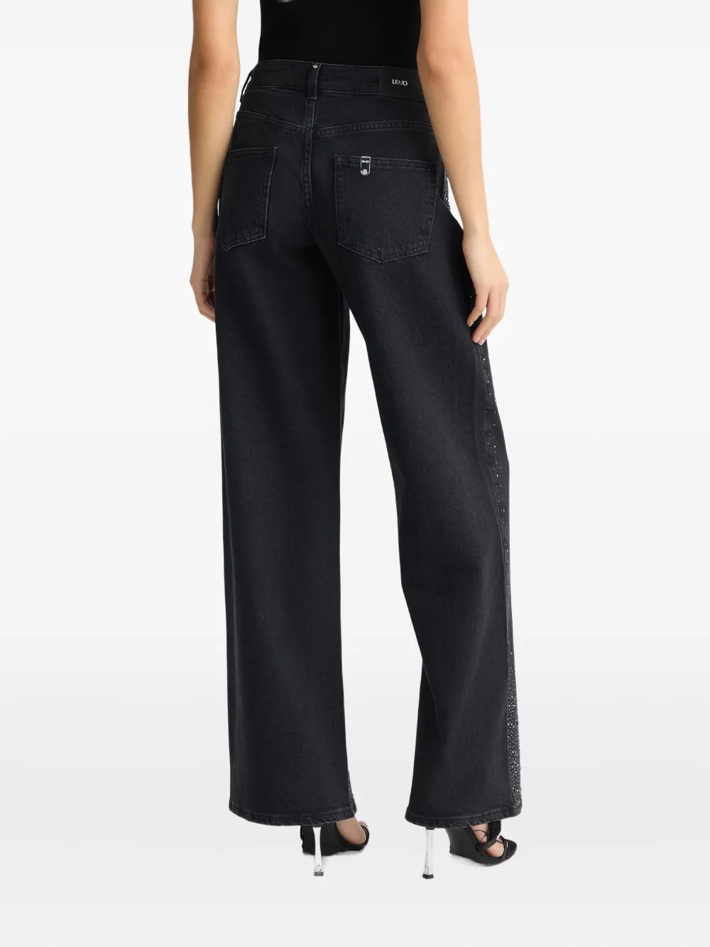 Shop Liu •jo Rhinestone Wide-leg Jeans In Black