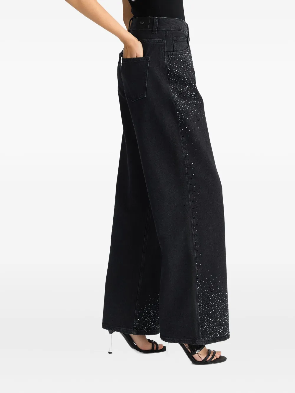 Shop Liu •jo Rhinestone Wide-leg Jeans In Black