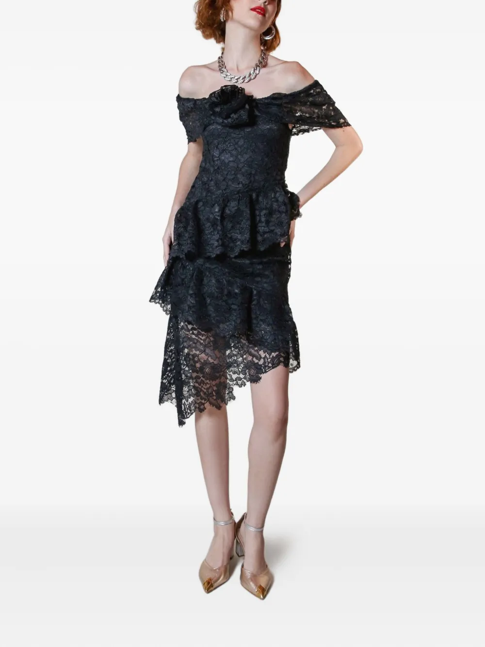 Lethicia Bronstein Bellini off-shoulder ruffled lace dress - Zwart