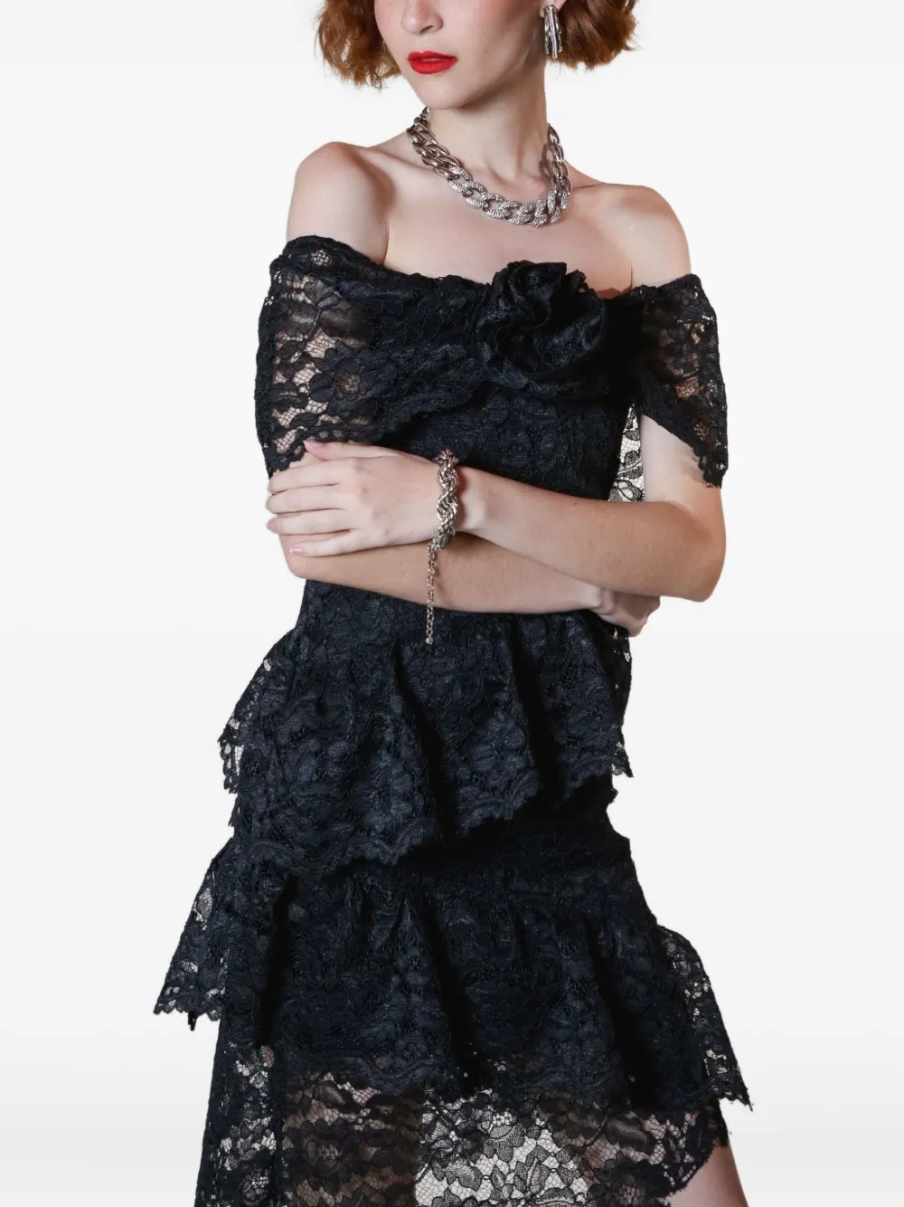 Lethicia Bronstein Bellini off-shoulder jurk met ruches en kant Zwart