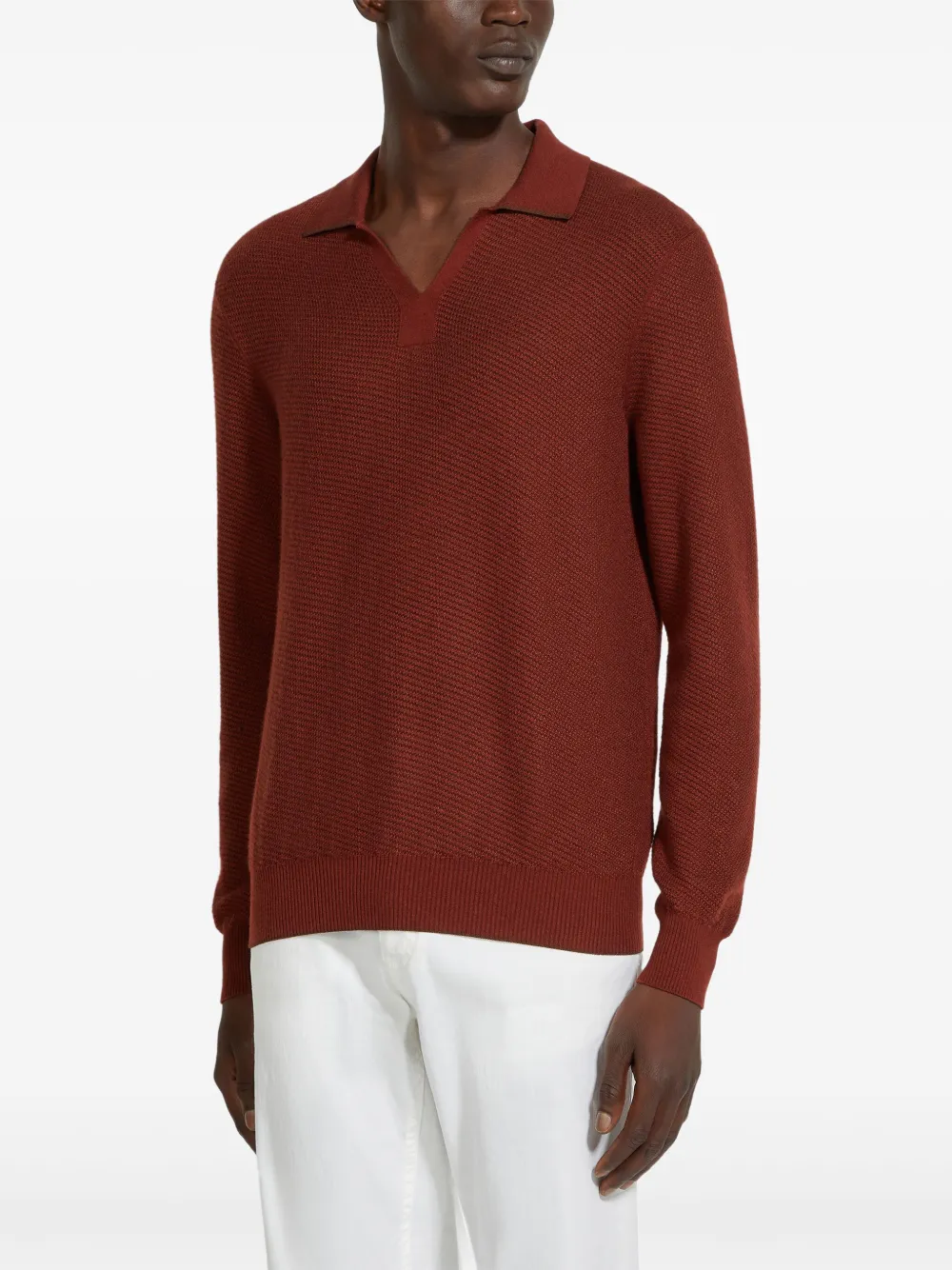 Zegna Textured Silk And Cashmere Polo Sweater In Red