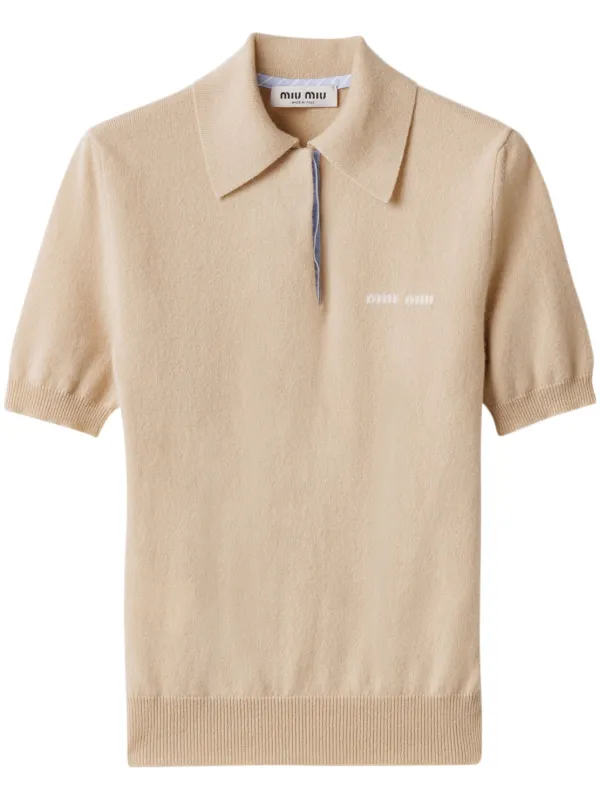 トップス miumiu polo shirt Miu Miu logo-appliqué Longsleeved Polo Shirt | Neutrals