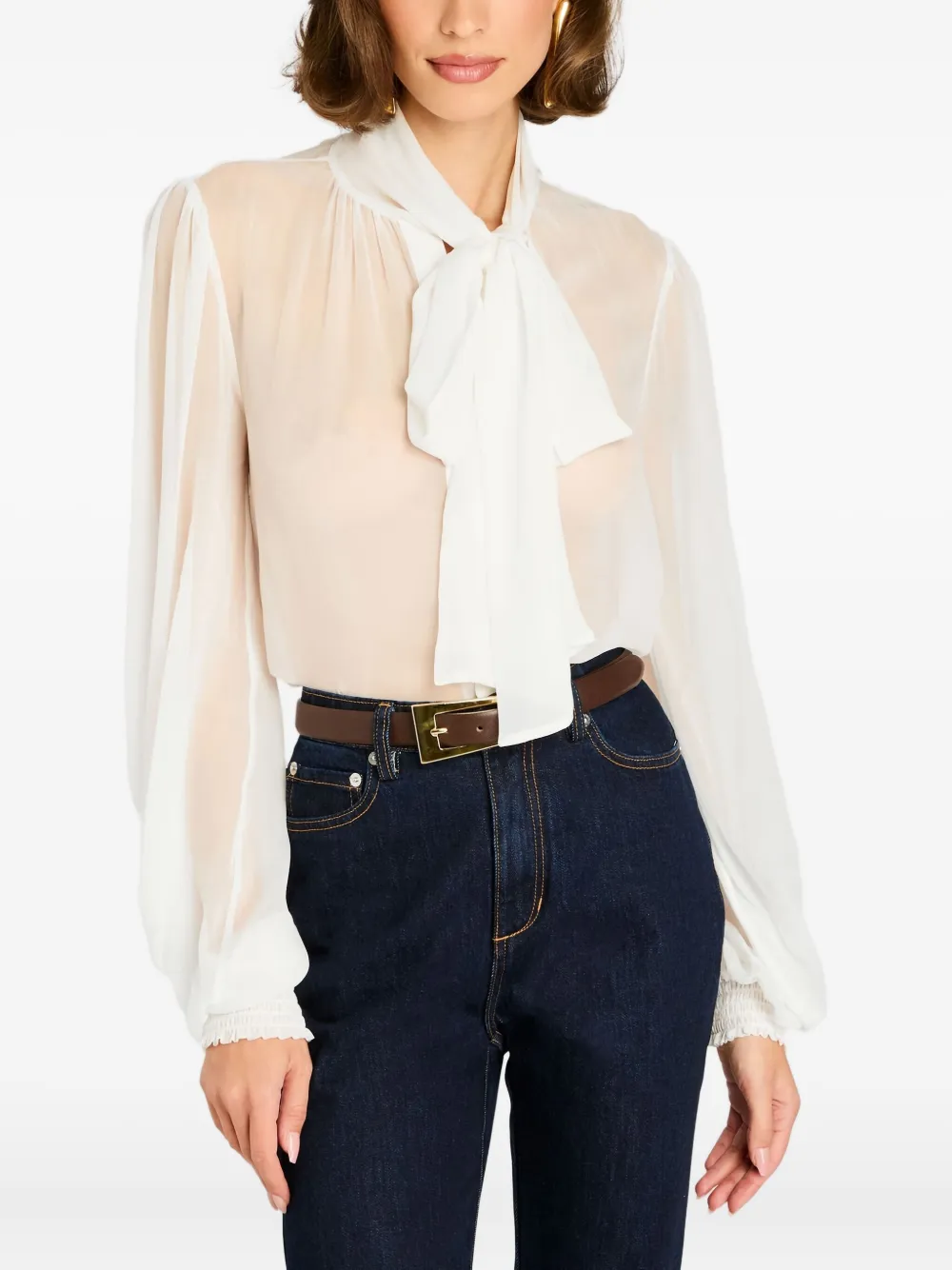 Retroféte Hasli Silk Chiffon Neck-tie Blouse In White