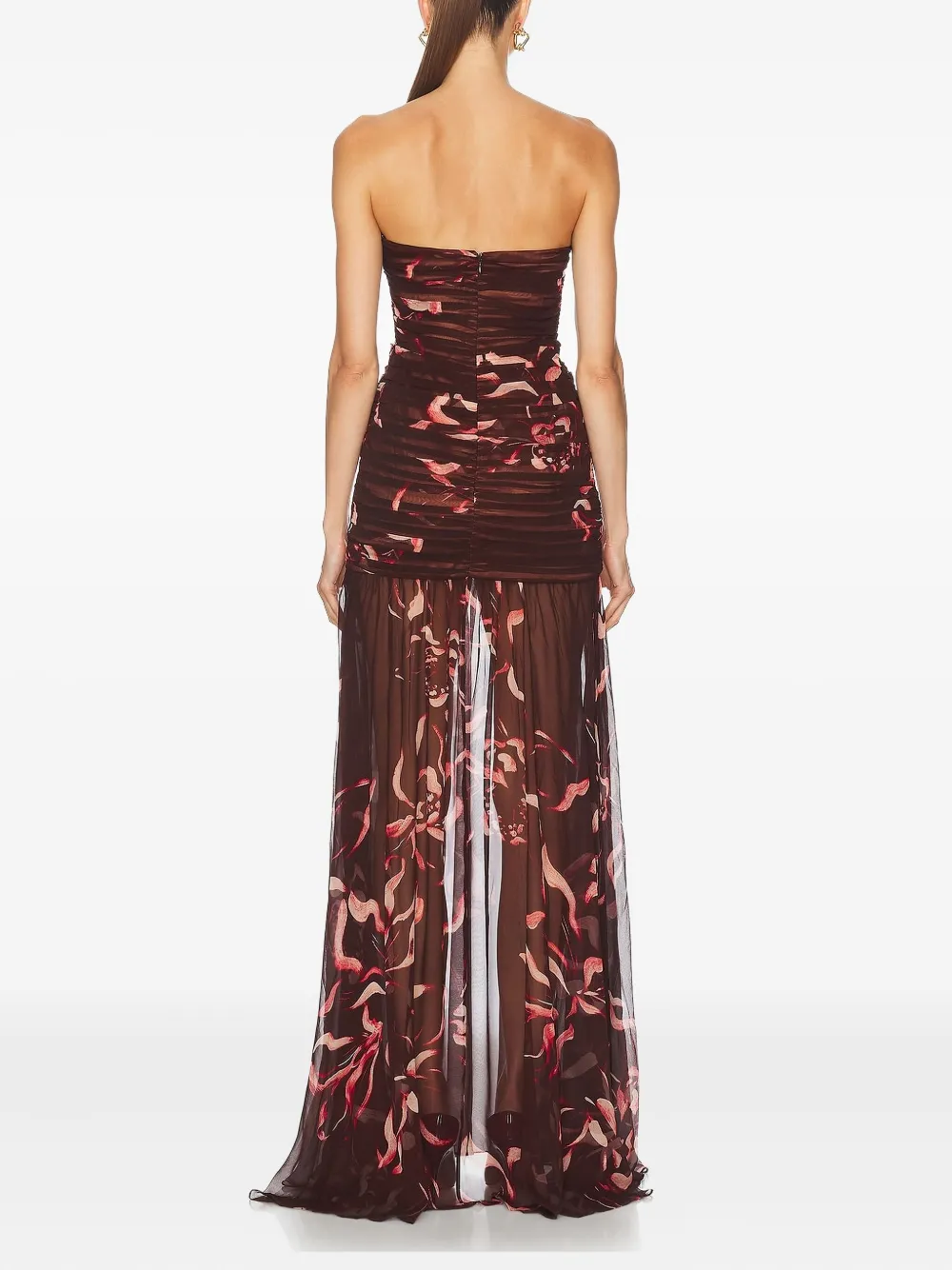 Retroféte Annalise Ruched Strapless Polka Dot Dress In Brown