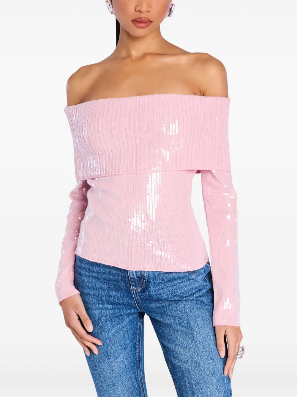 Retroféte Jourdana Sequined Off-the-shoulder Sweater In Pink