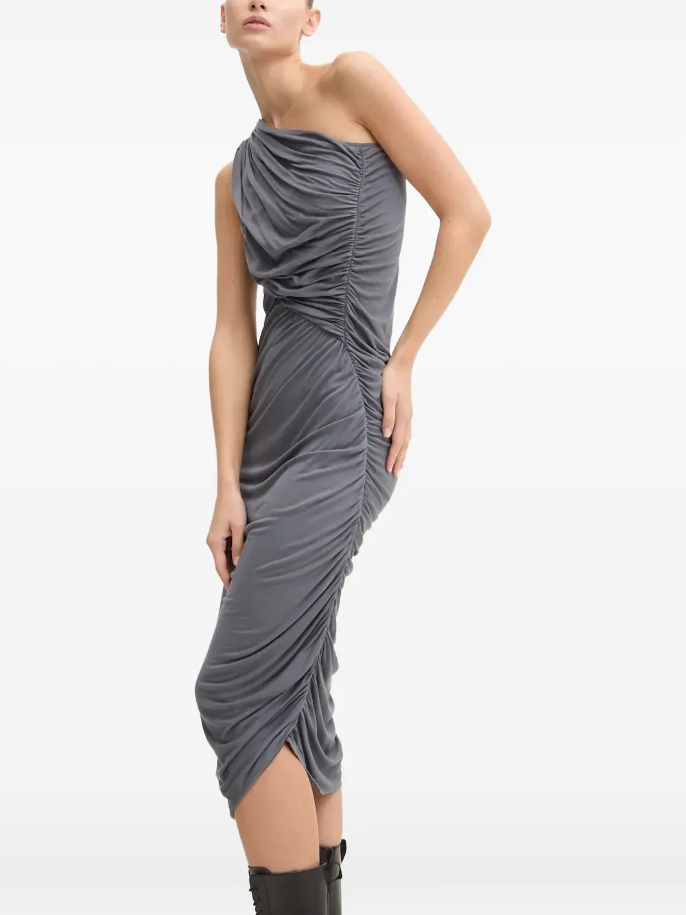 Rick Owens One-shoulder Draped Midi Dress In Gray