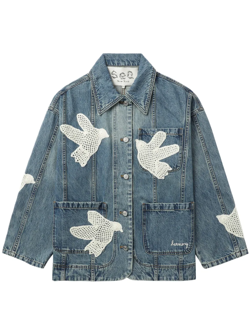 Dove-embroidered denim jacket