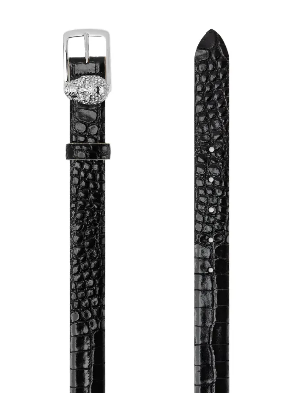 PHILIPP PLEIN ブラックレザーベルト スカルバックル Philipp Plein Black Crystal Skull Belt - size 95 ○ Labellov