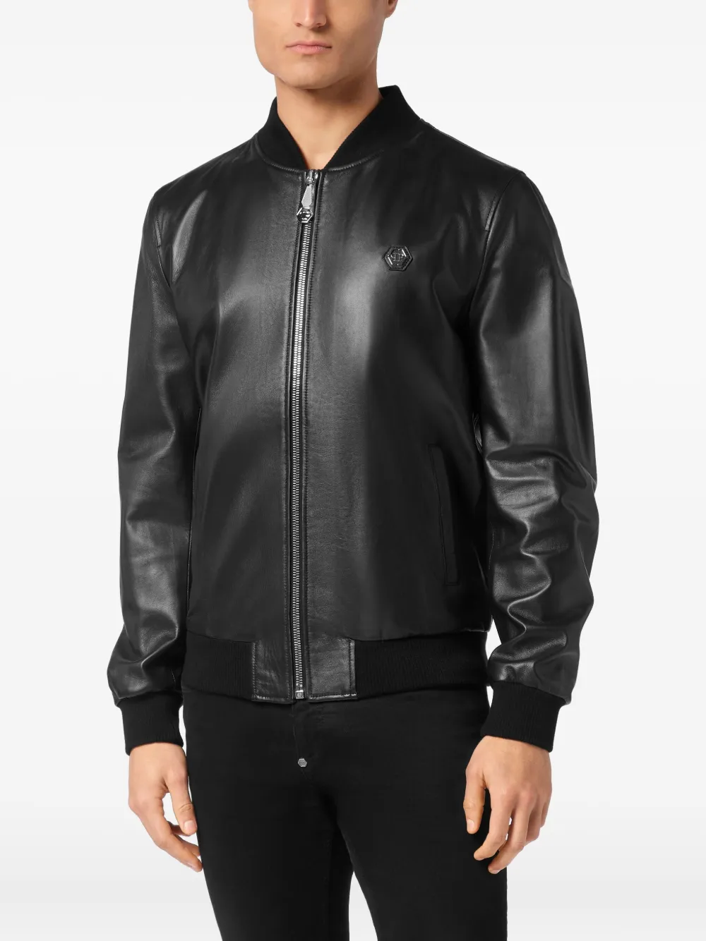 Philipp Plein Leren jack met doodskoppatroon Zwart