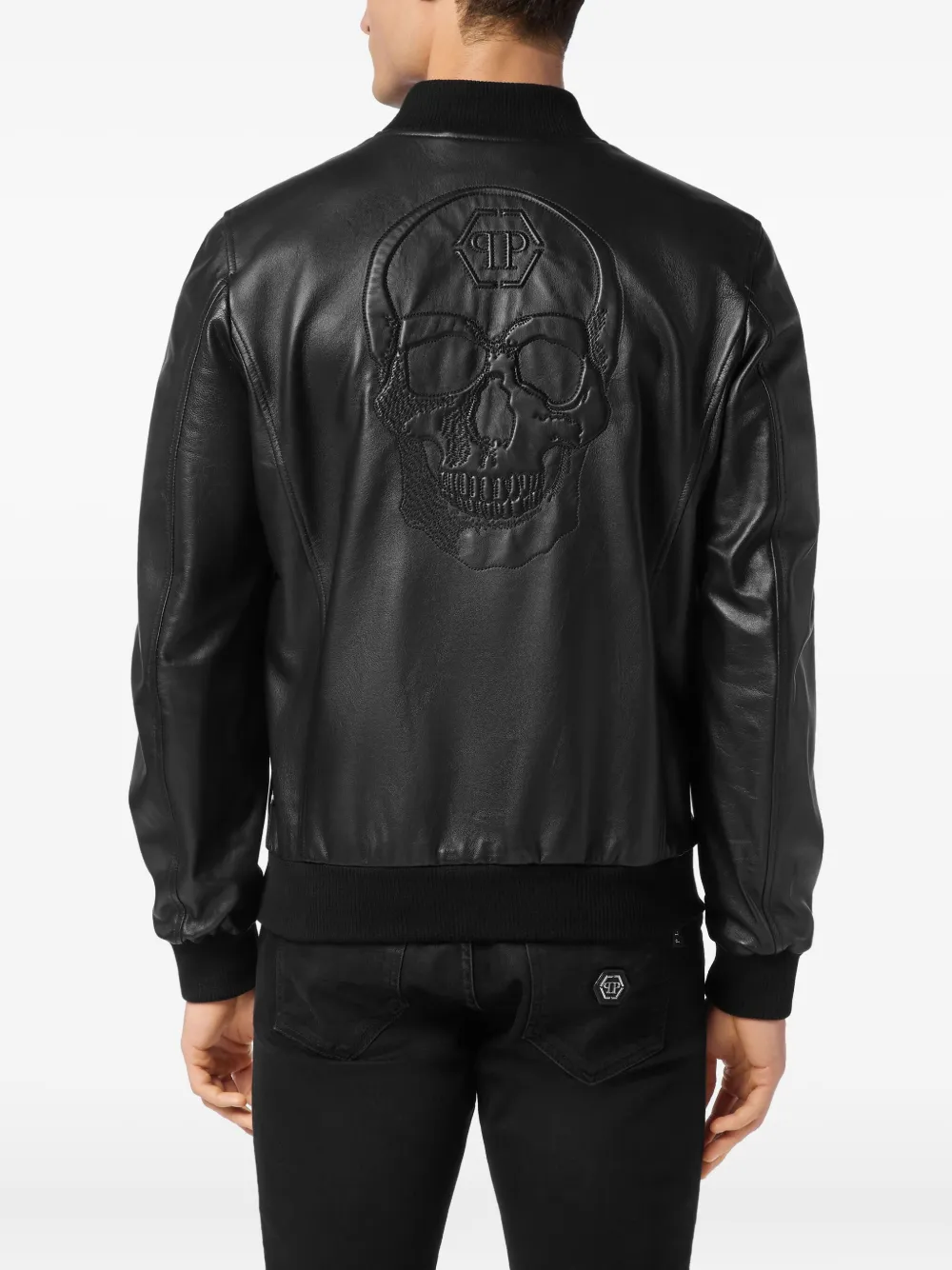 Philipp Plein Leren jack met doodskoppatroon Zwart