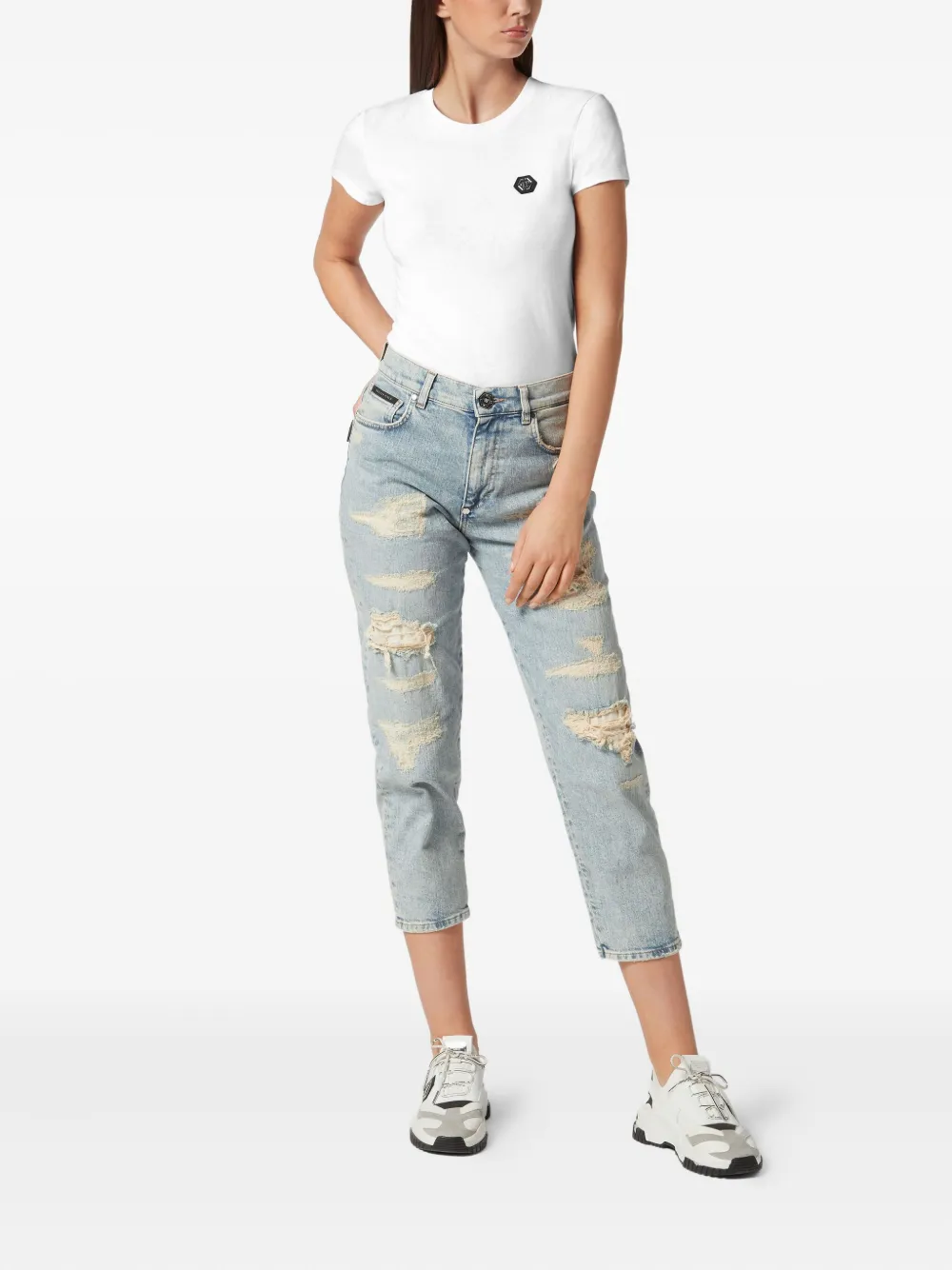 Philipp Plein Ripped Cropped Jeans In Blue