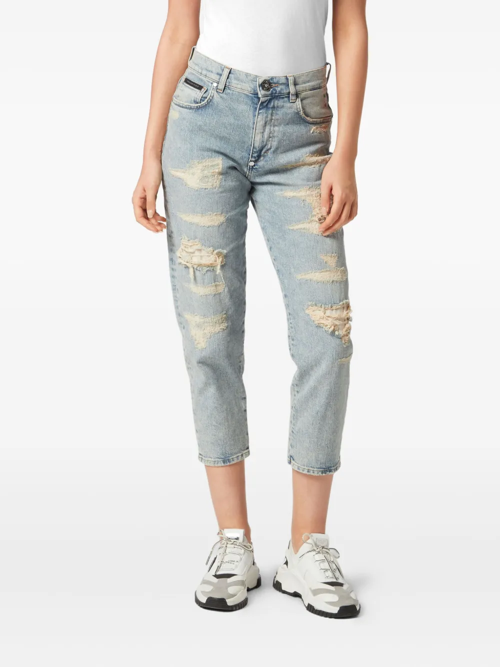 Philipp Plein Ripped Cropped Jeans In Blue