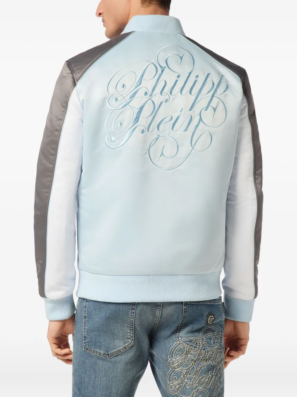 Philipp Plein Satijnen bomberjack met geborduurd logo Blauw