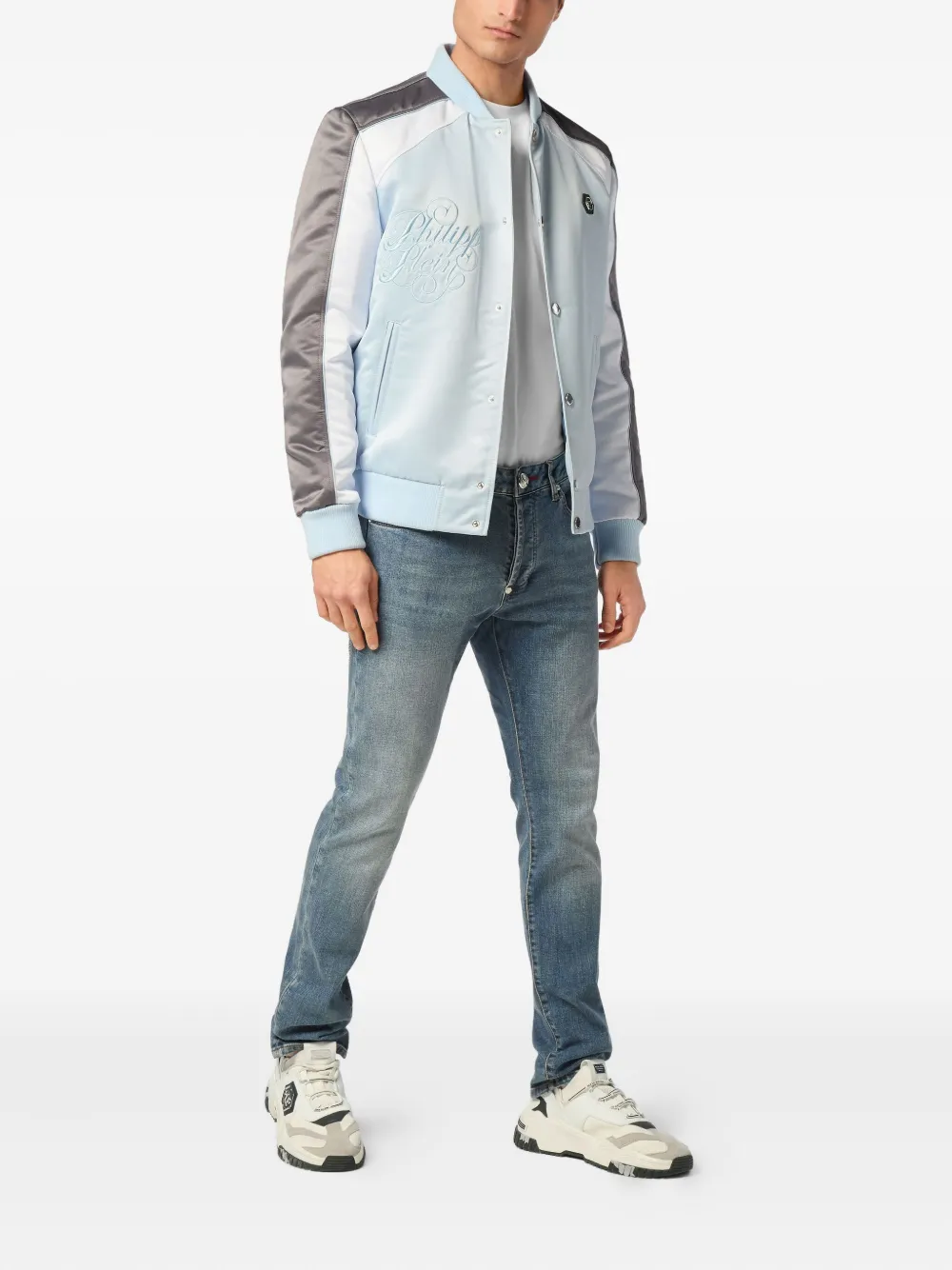 Philipp Plein Satijnen bomberjack met geborduurd logo Blauw