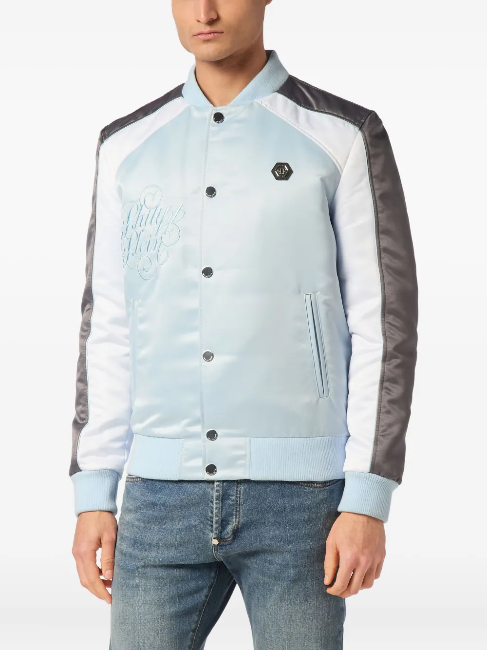 Philipp Plein Satijnen bomberjack met geborduurd logo Blauw