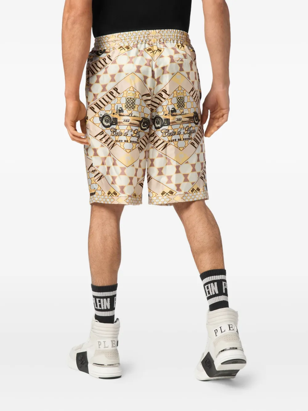 Philipp Plein Cool Kid Cut printed silk shorts Beige