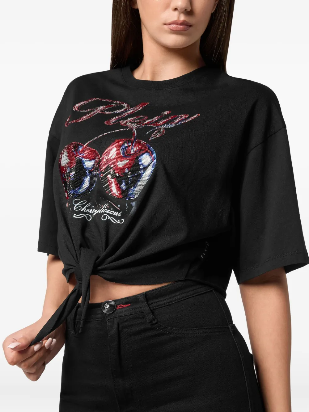 Philipp Plein Cropped T-shirt met Bow Cherry-print Zwart