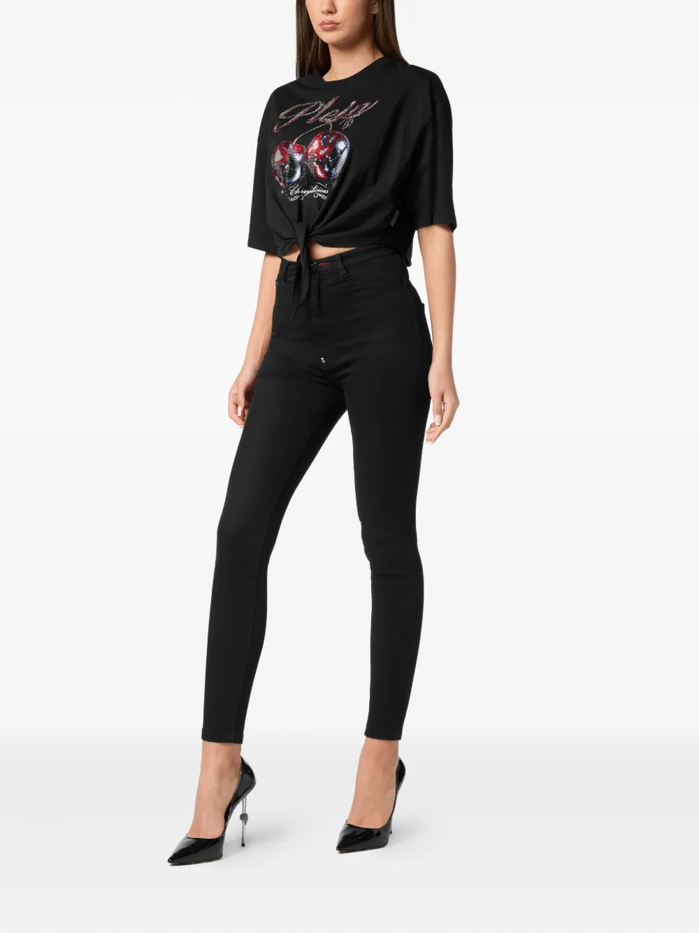 Philipp Plein Cropped T-shirt met Bow Cherry-print Zwart