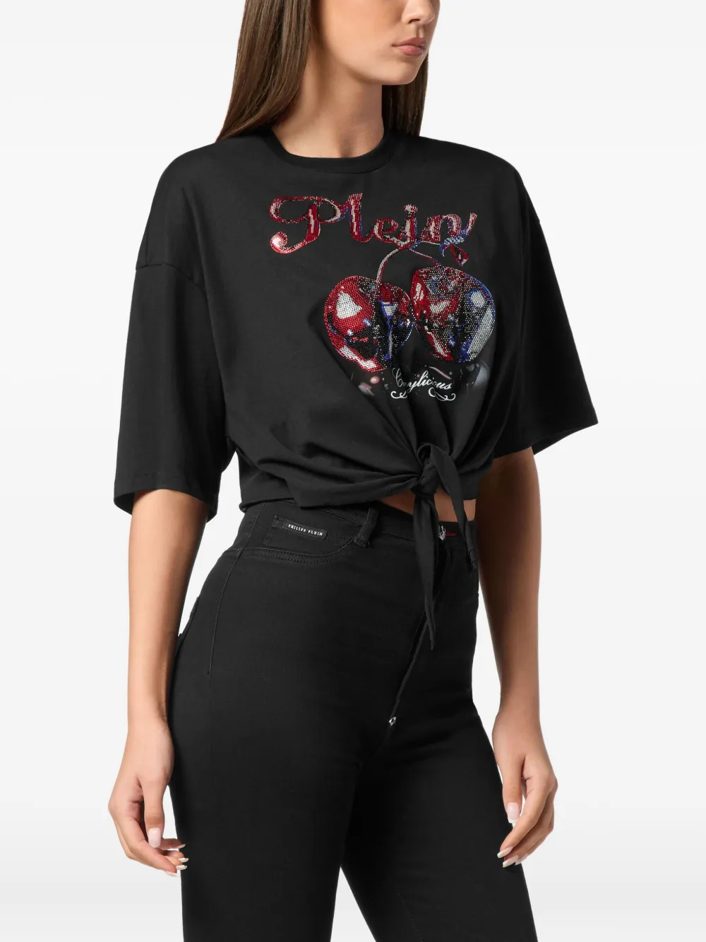Philipp Plein Cropped T-shirt met Bow Cherry-print Zwart