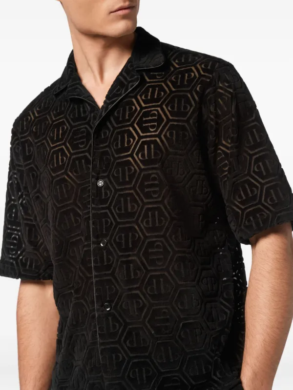 hexagon pattern dress shirt Button Down Shirt Men Hexagon Gradient Black White Contrast Long Sleeve Casual