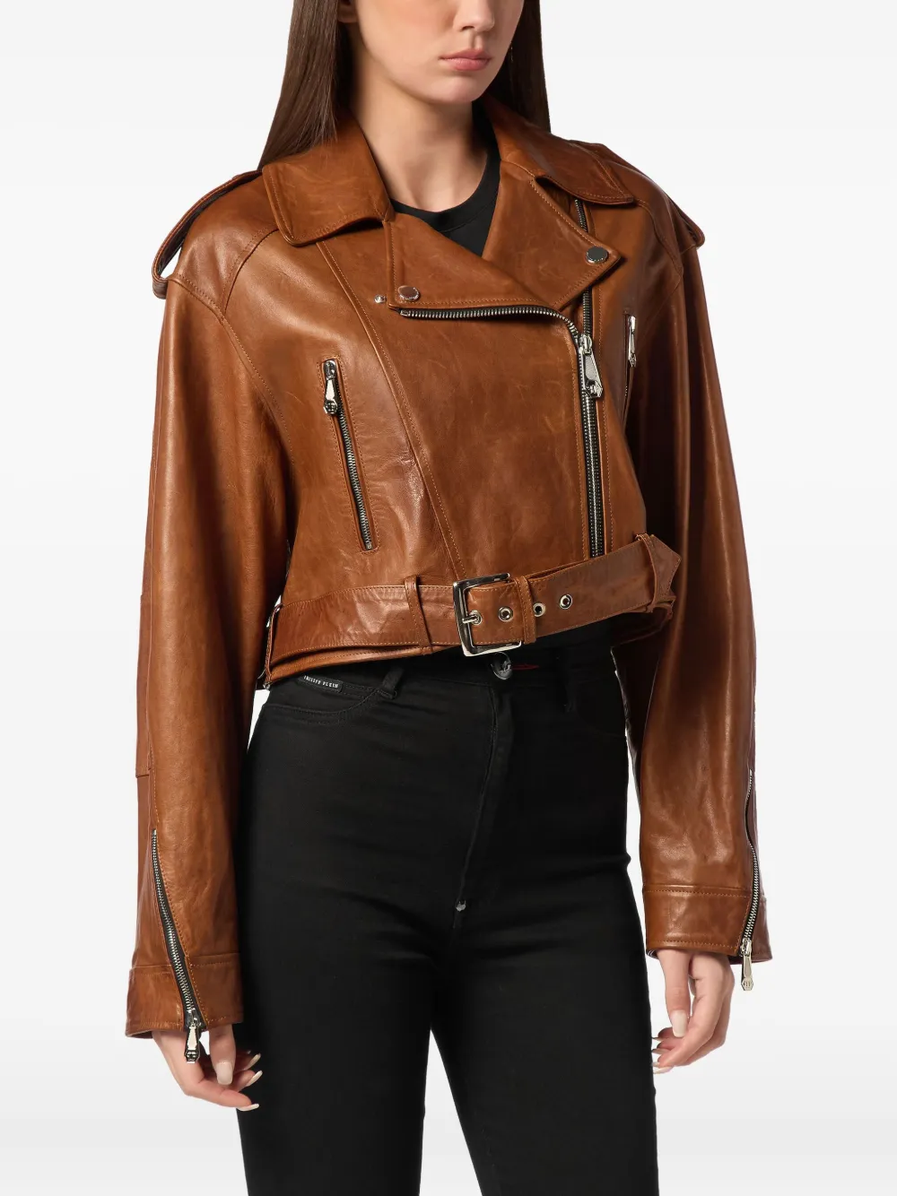 Philipp Plein Leren bikerjack Bruin