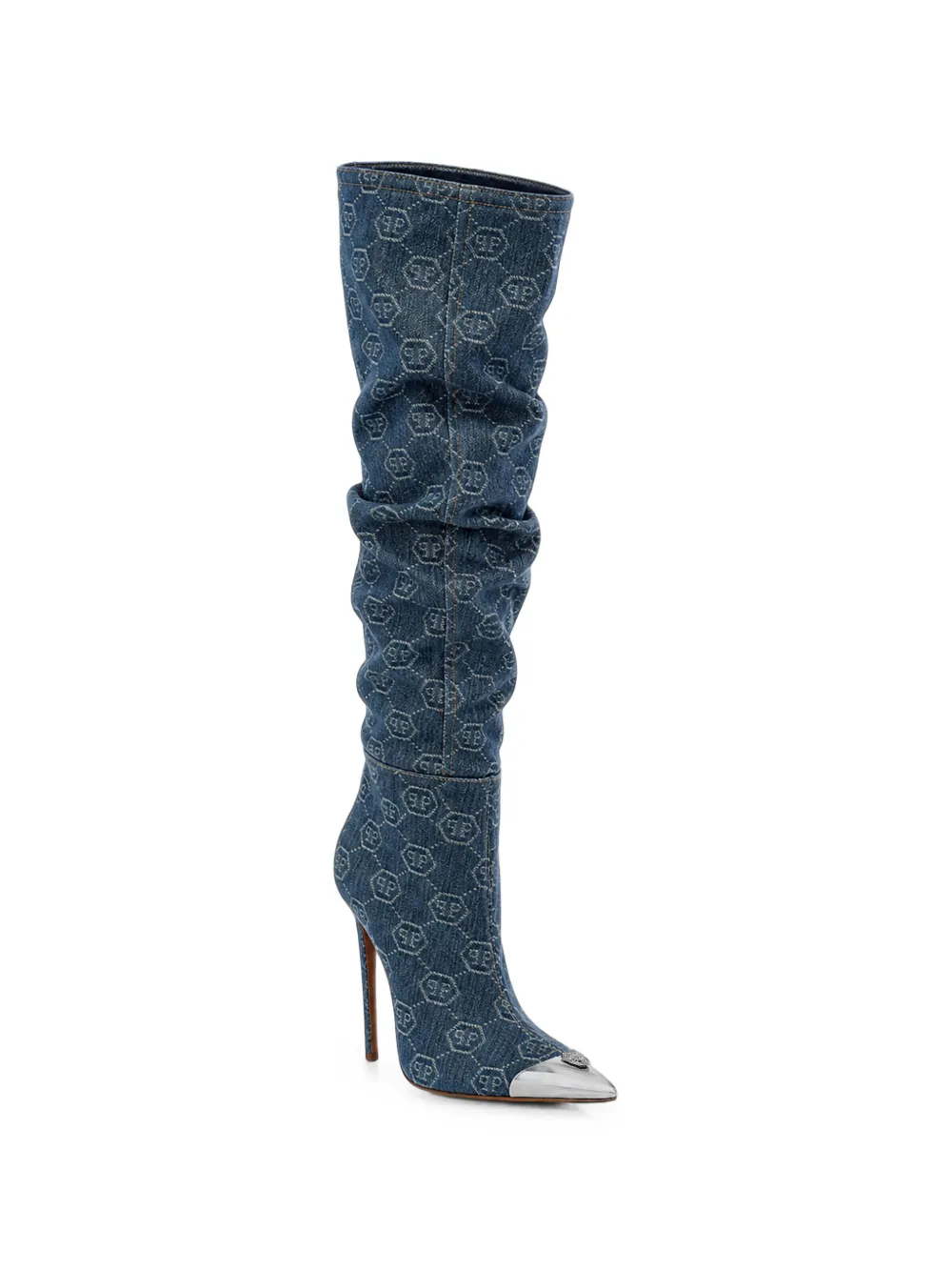 Philipp Plein denim boots hi-heels overknees jacquard Blauw
