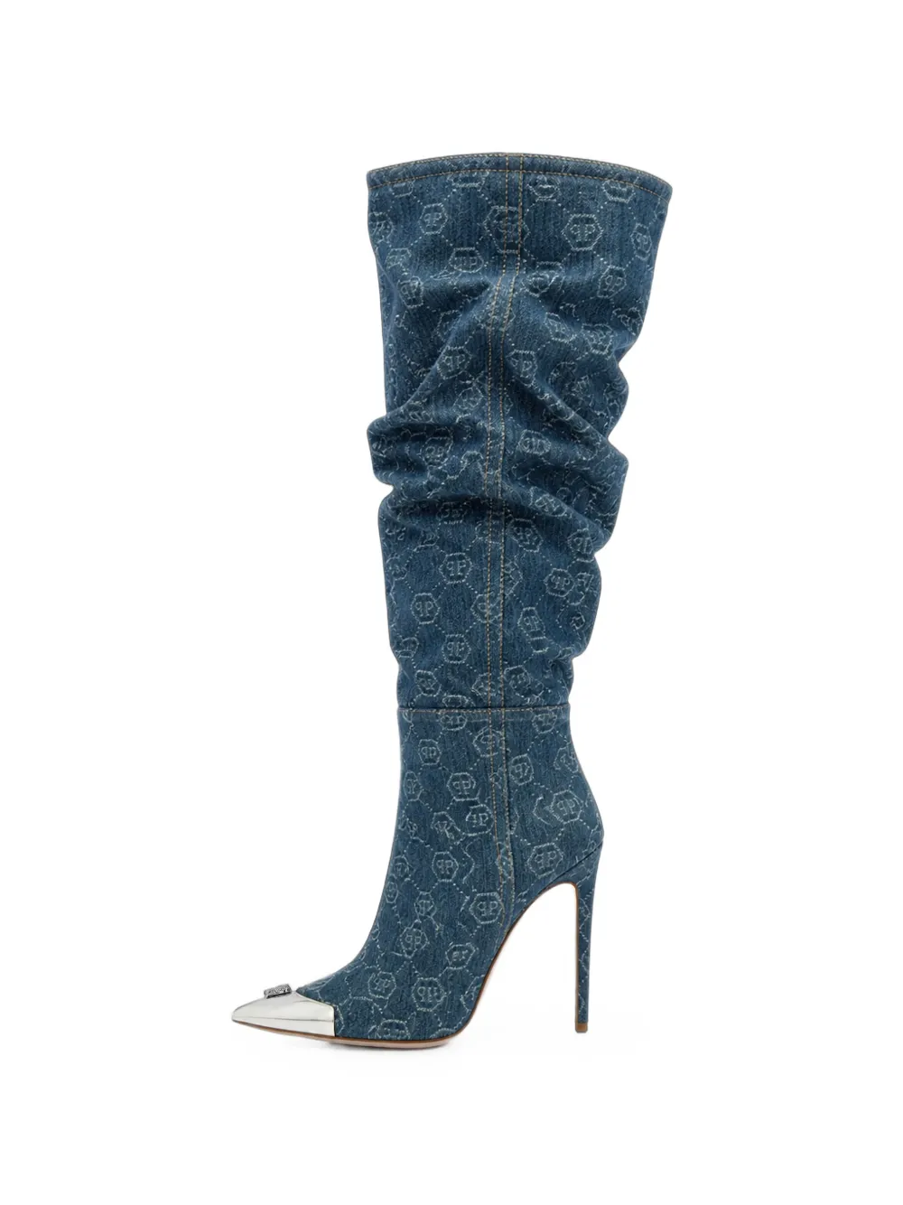 Philipp Plein denim boots hi-heels overknees jacquard Blauw