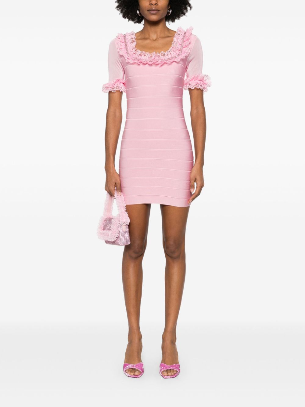 Self-Portrait ruffled knitted mini dress - Roze