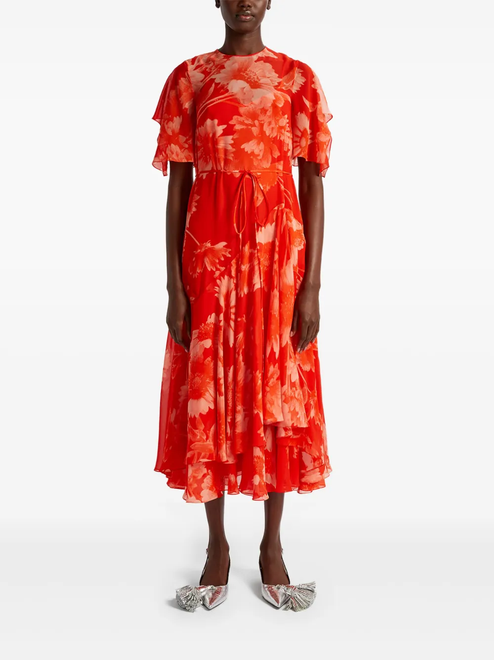 ERDEM Asymmetrische midi-jurk met korte mouwen - Rood