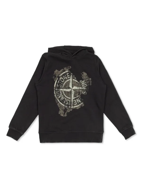 Stone Island Junior Compass-print Hoodie Black FARFETCH IN