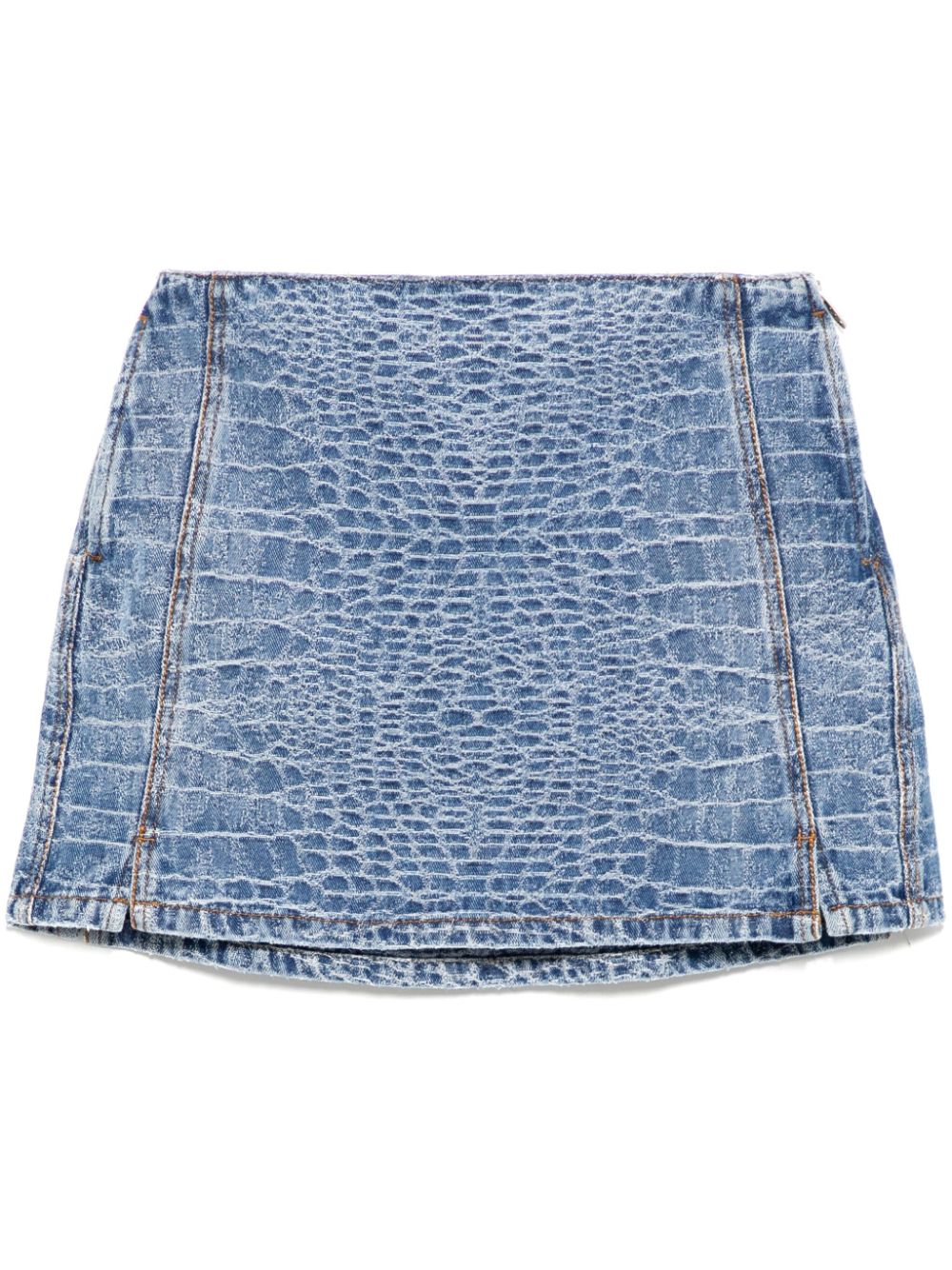 crocodile-print denim mini skirt