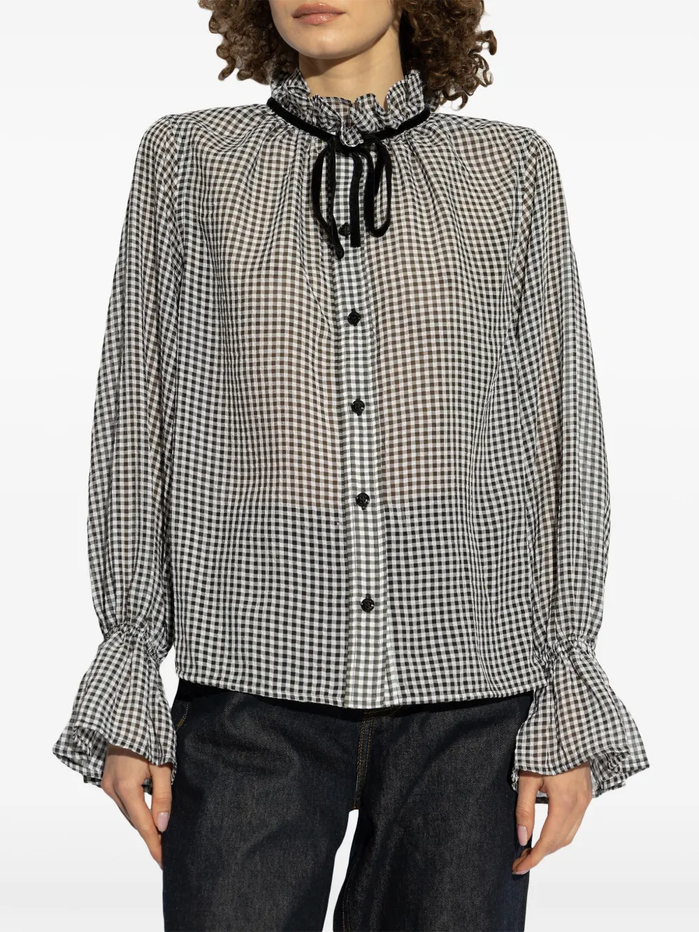 GANNI Doorzichtige geruite blouse Zwart