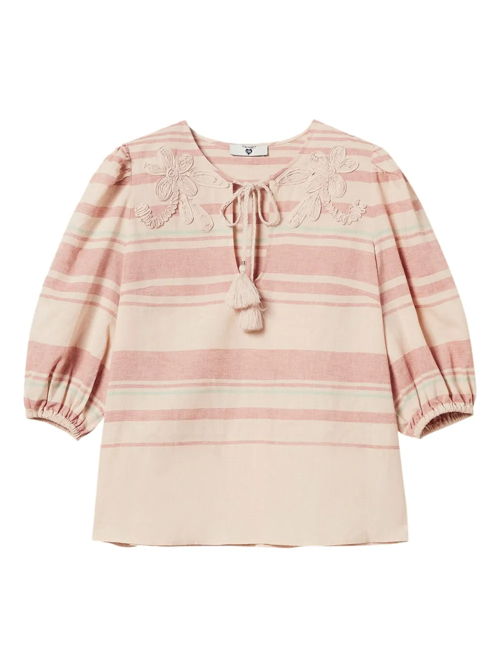 Shop Twinset Striped Embroidered Blouse In Neutrals