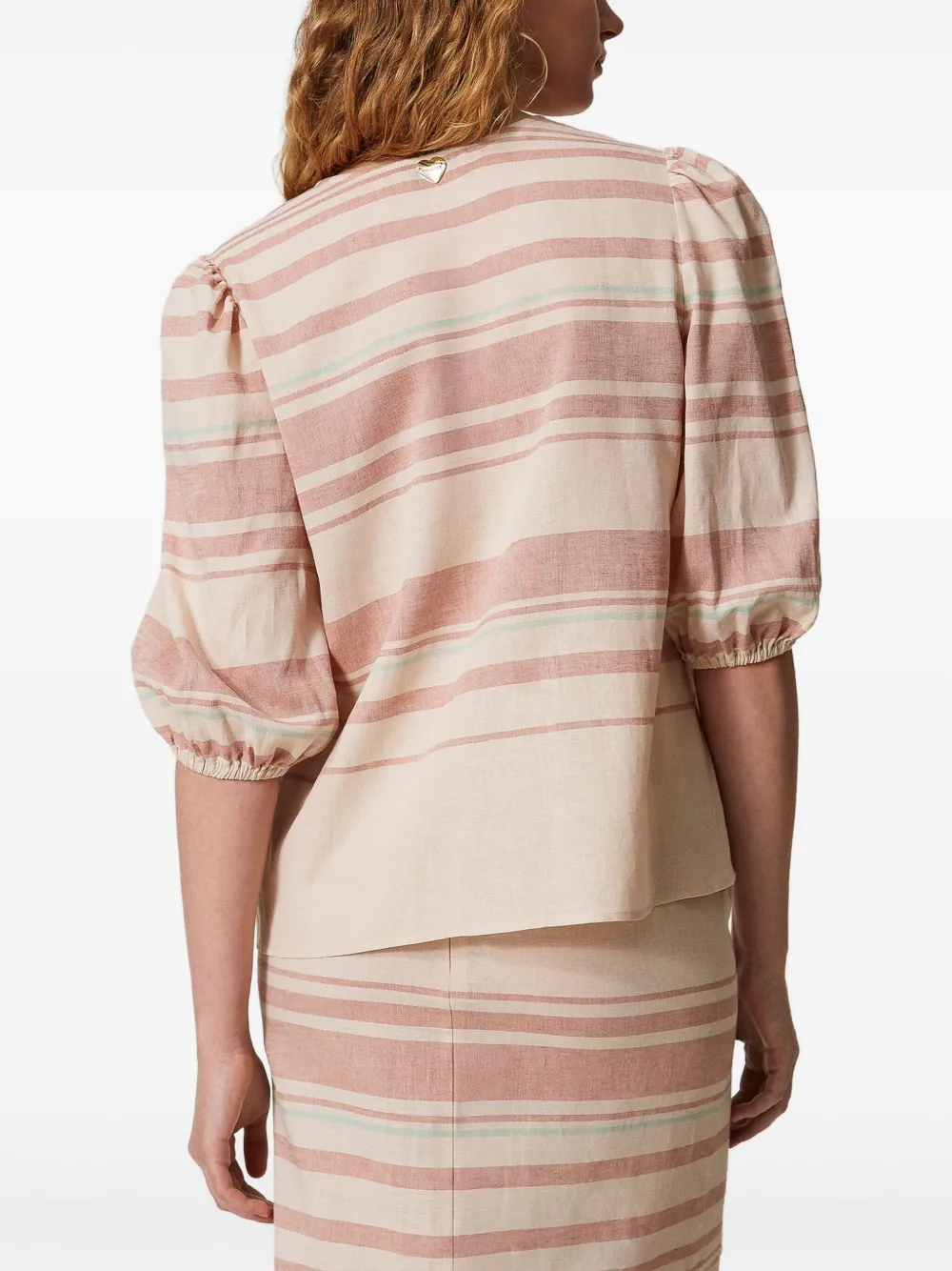 Shop Twinset Striped Embroidered Blouse In Neutrals