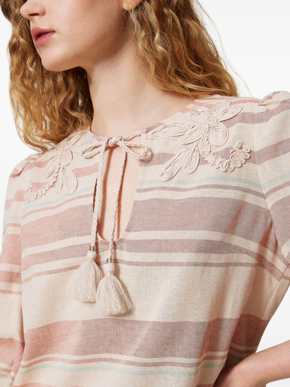 Shop Twinset Striped Embroidered Blouse In Neutrals