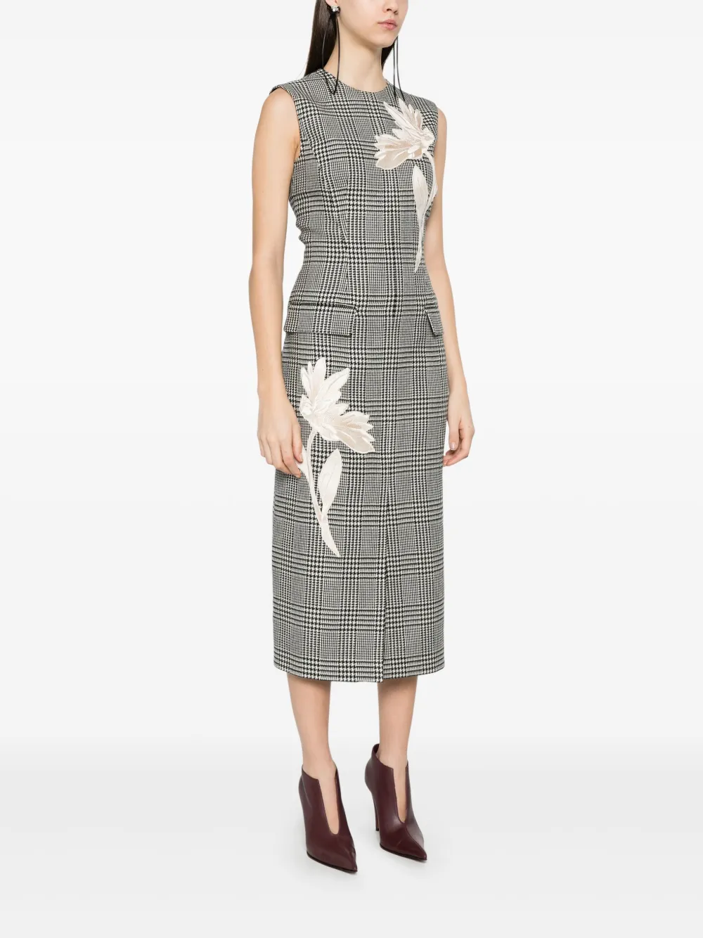 ERDEM FLORAL-EMBROIDERED CHECKED MAXI DRESS 