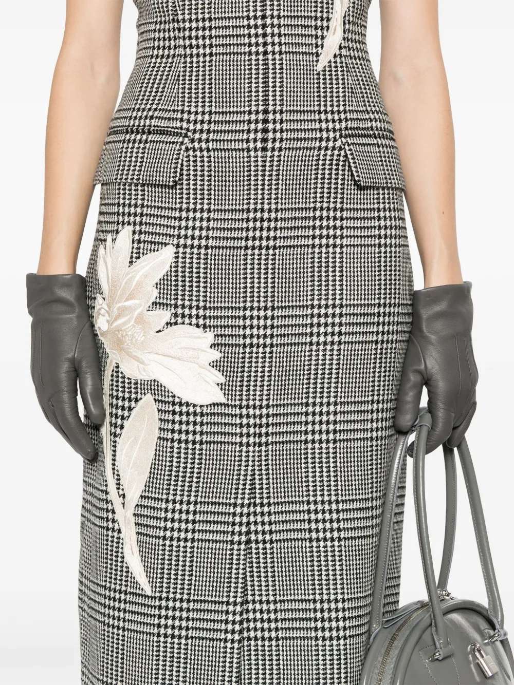 ERDEM FLORAL-EMBROIDERED CHECKED MAXI DRESS 