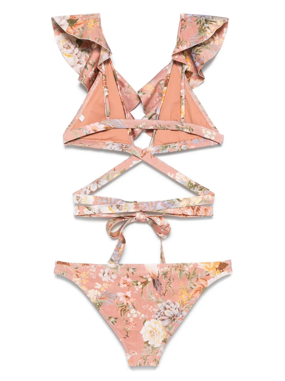 Zimmermann Womens Gold Multi Stripe Striped Ruffle-trim Bikini Set In Pink
