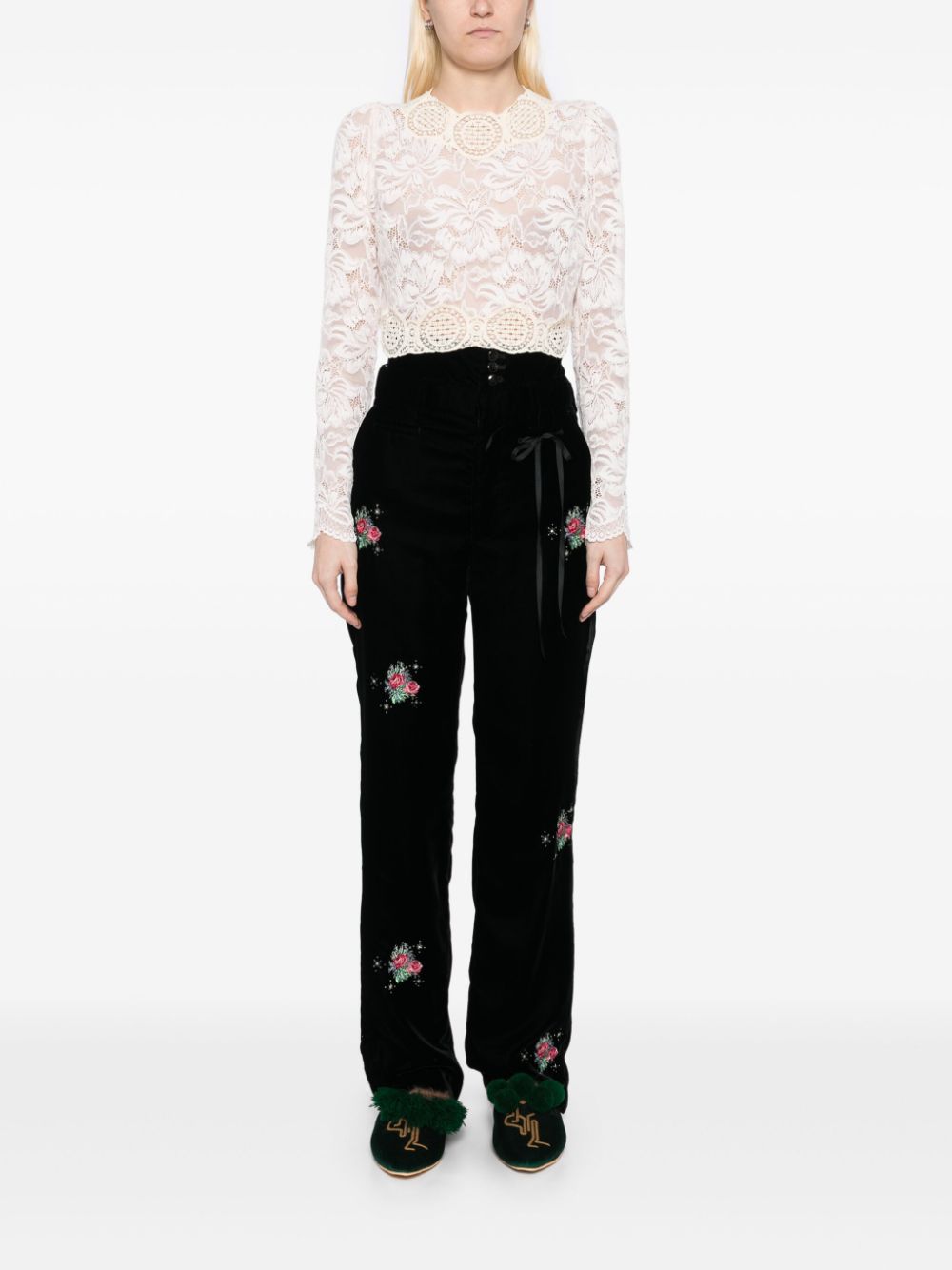 midorikawa Broek met geborduurde bloemen - Zwart