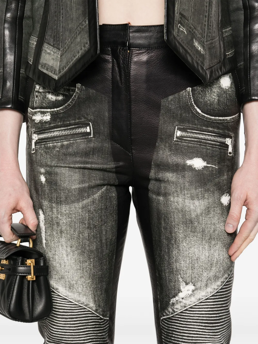 Balmain Leren broek met denim print Zwart