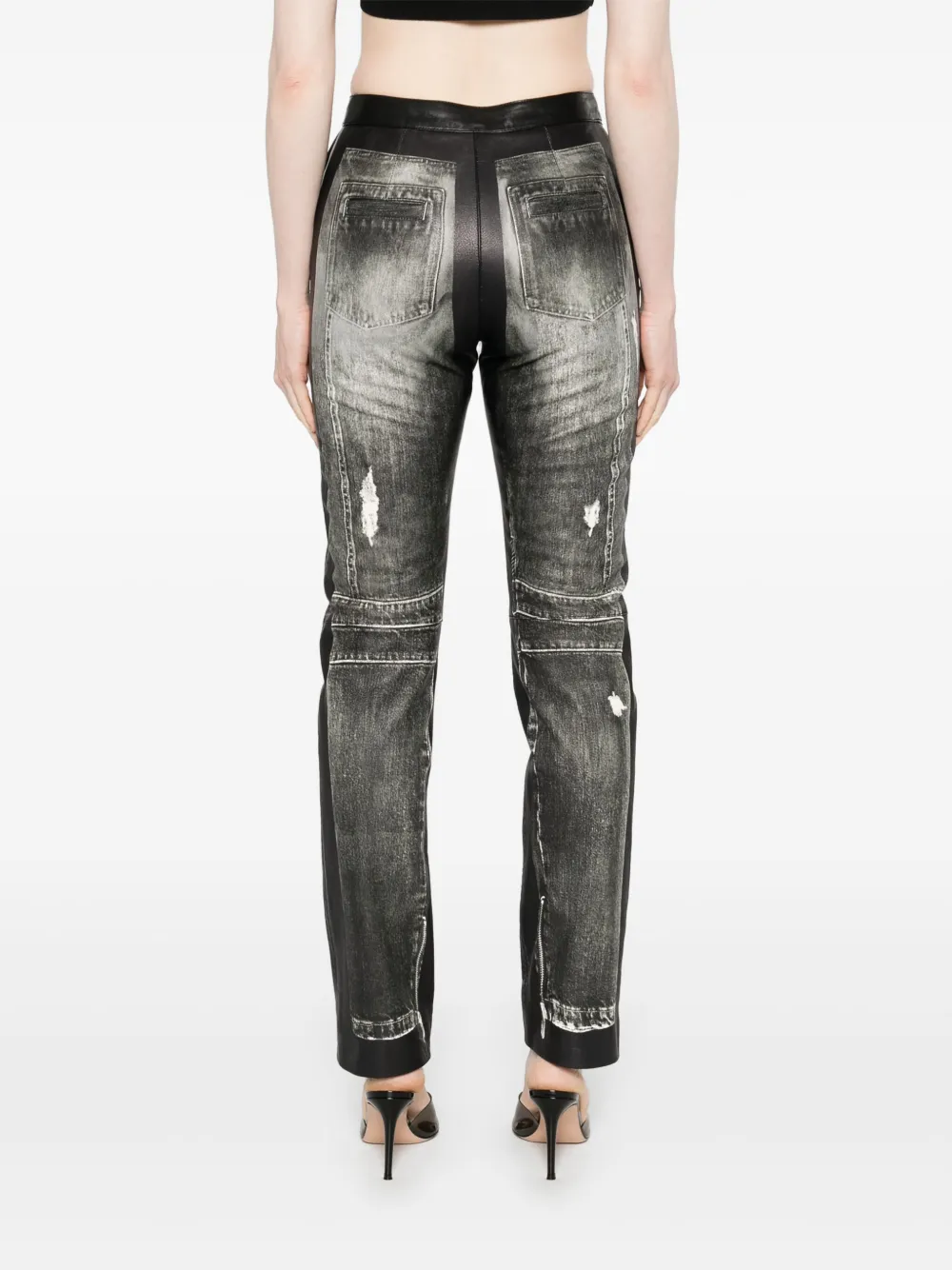 Balmain Leren broek met denim print Zwart