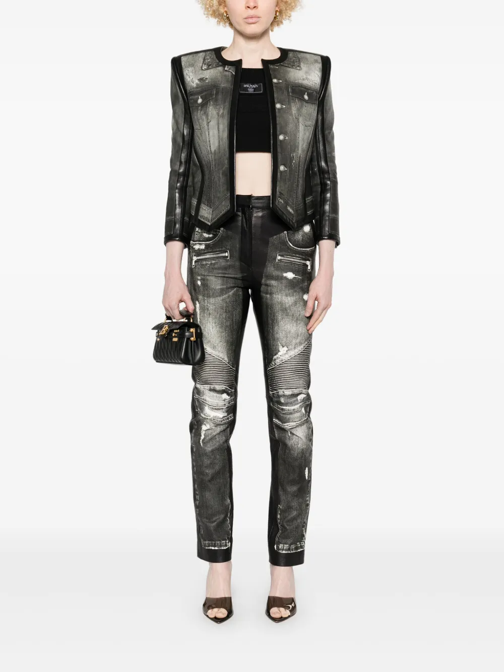 Balmain Leren broek met denim print - Zwart