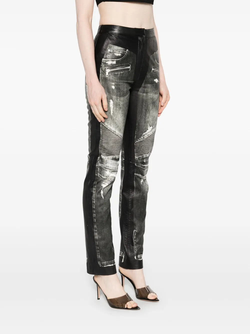 Balmain Leren broek met denim print Zwart